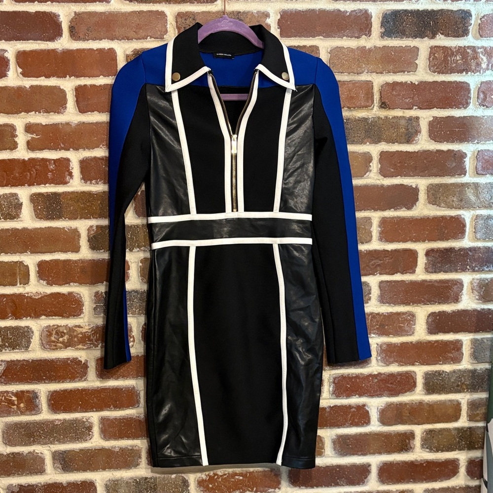 Karen Millen Black and Blue Long Sleeve Dress size small